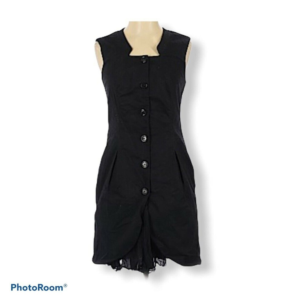 ADAM by Adam Lippes black button down ruched collared mini sleeveless dress 0
